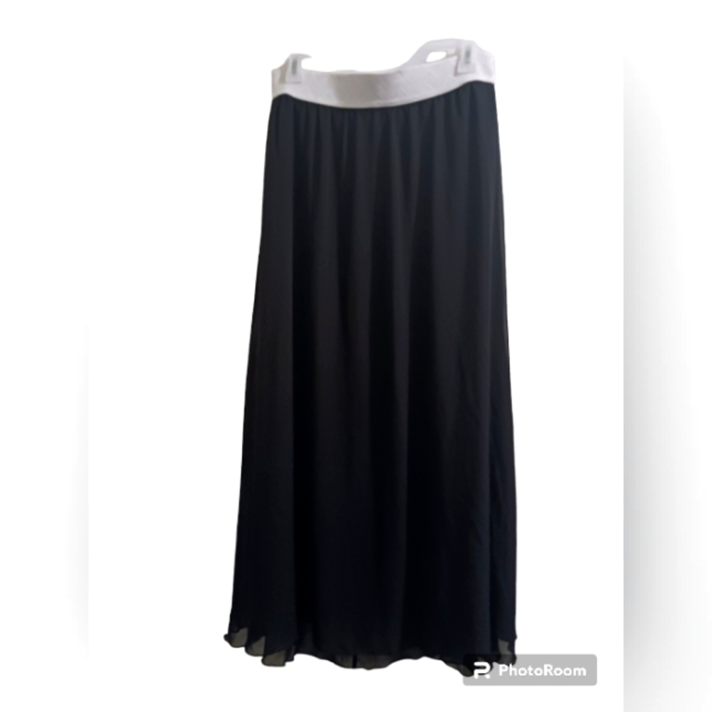 LULA ROE Black Chiffon Layered Maxi Skirt with White Detailed Band